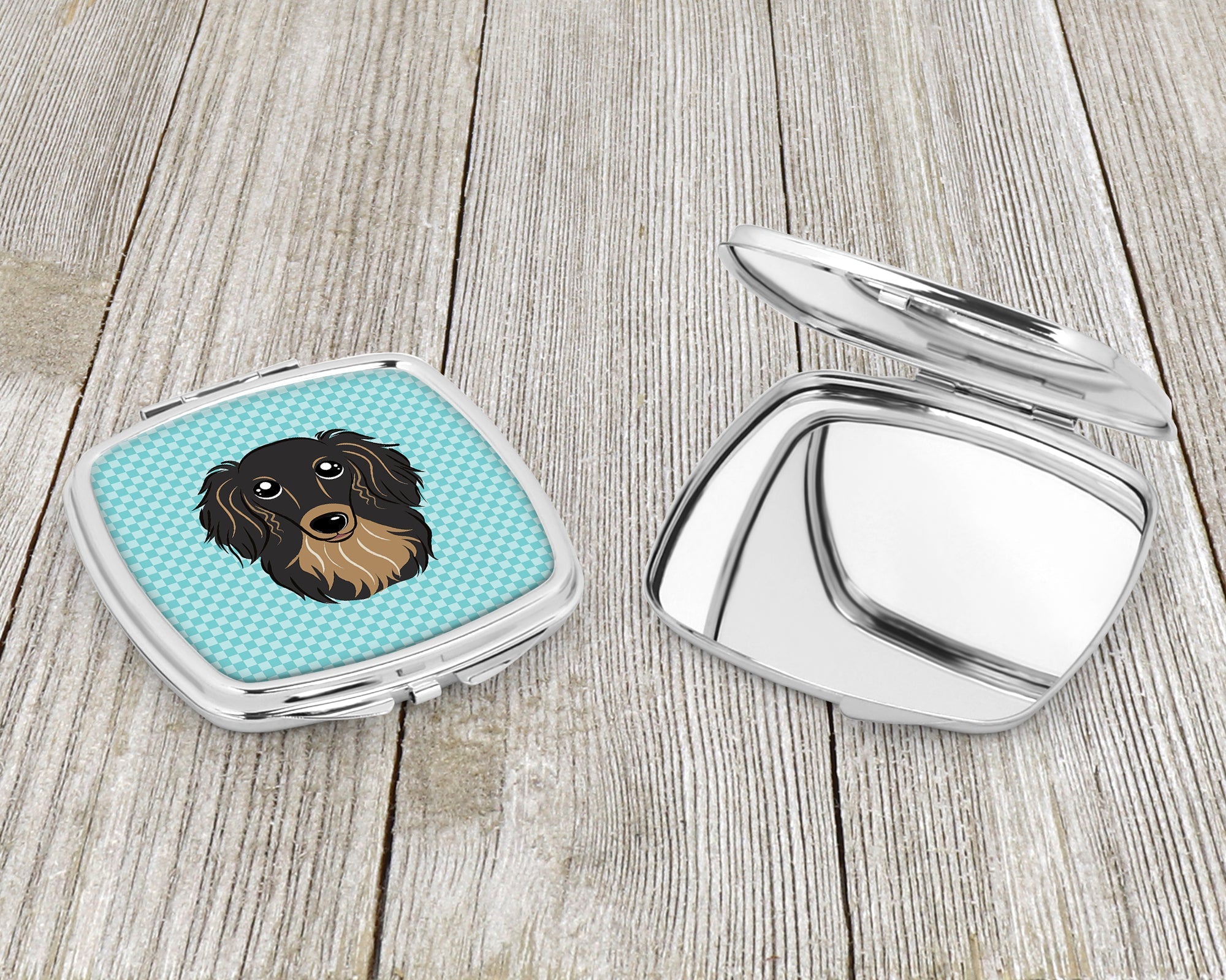 Checkerboard Blue Longhair Black and Tan Dachshund Compact Mirror Decorative Travel Makeup Mirror for Women Girls Gifts Pocket Makeup Mirror Folding Handheld