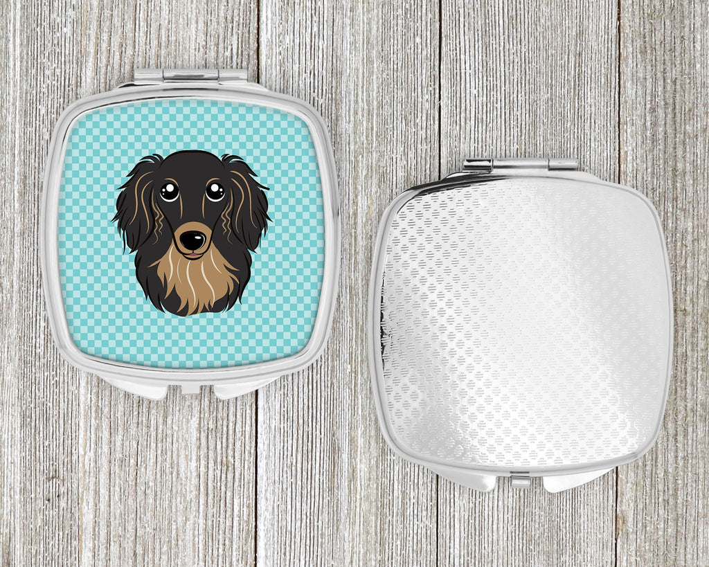Checkerboard Blue Longhair Black and Tan Dachshund Compact Mirror Decorative Travel Makeup Mirror for Women Girls Gifts Pocket Makeup Mirror Folding Handheld