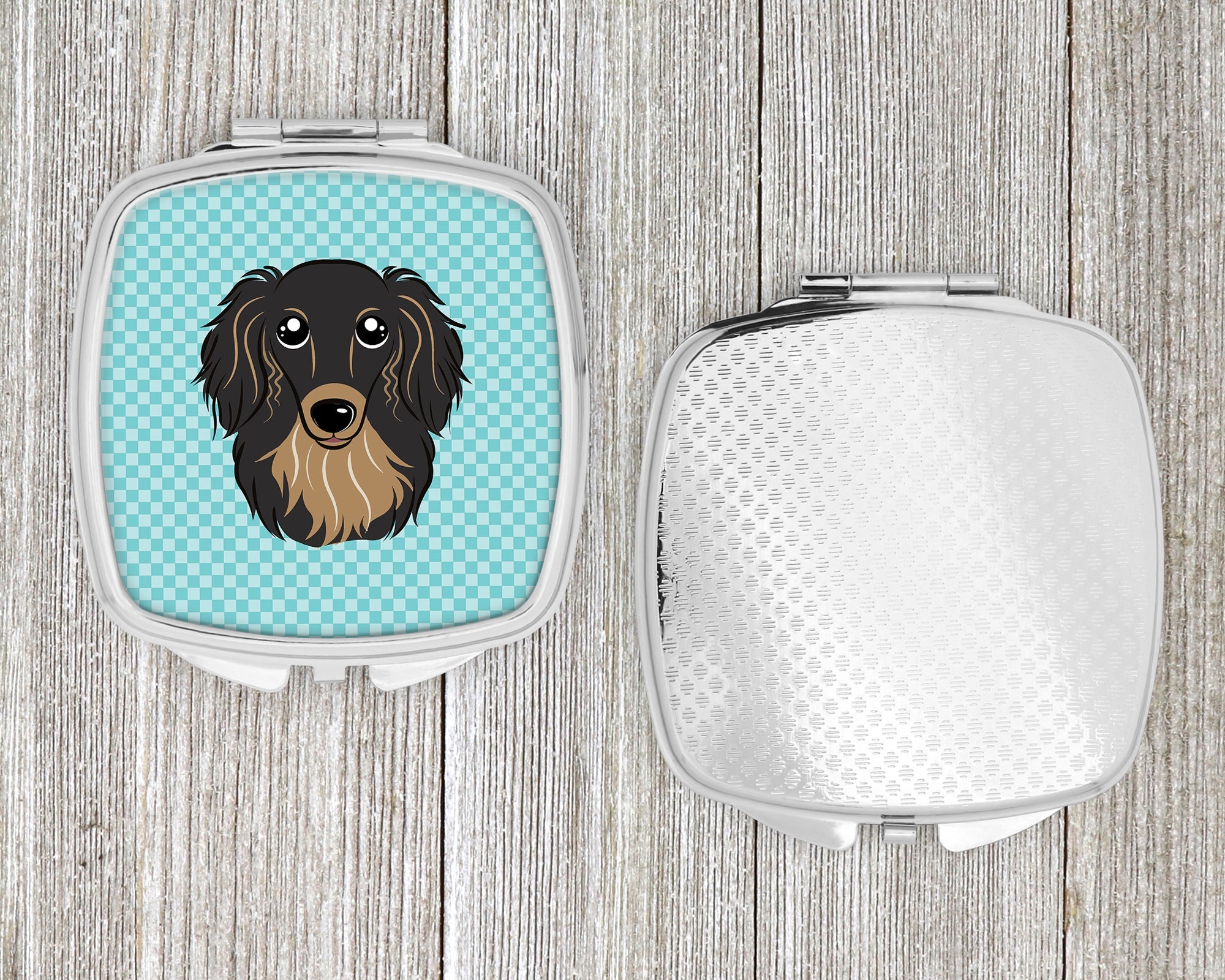 Checkerboard Blue Longhair Black and Tan Dachshund Compact Mirror Decorative Travel Makeup Mirror for Women Girls Gifts Pocket Makeup Mirror Folding Handheld