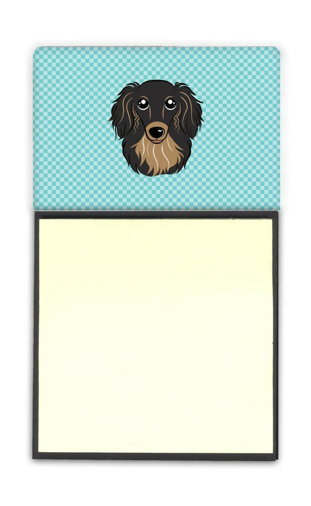 Checkerboard Blue Longhair Black and Tan Dachshund Watercolor Sticky Note Holder Refillable Dispenser Desk Accessory 3x3 Pad Gift