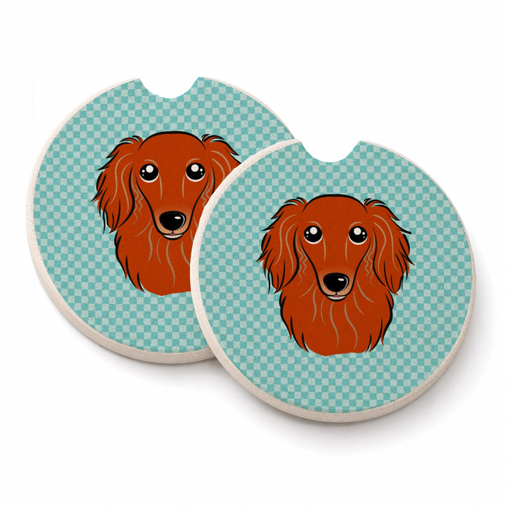 Checkerboard Blue Longhair Red Dachshund Set of 2 Cup Holder Car Coasters Absorbent Round Sandstone Coasters Gifts for Men or Women, 2.5, Multicolor