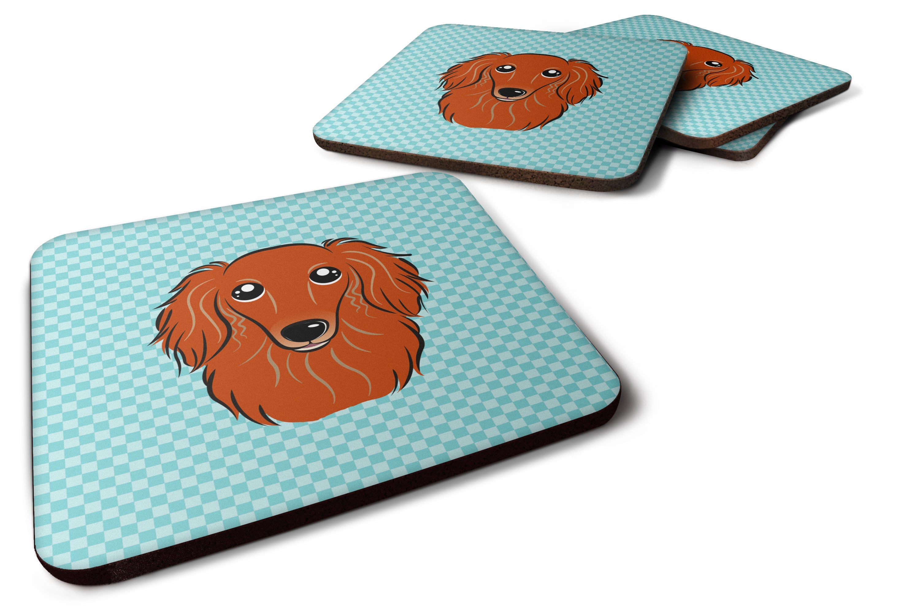 Checkerboard Blue Longhair Red Dachshund Foam Coasters Set of 4 Cup Coasters for Indoor Outdoor, Tabletop Protection, Anti Slip, Mouse pad Material