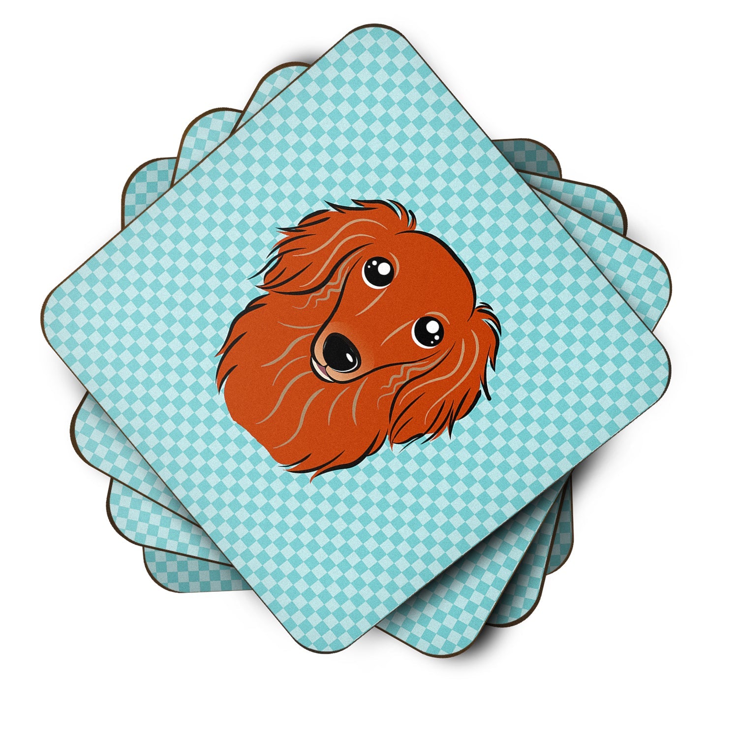 Checkerboard Blue Longhair Red Dachshund Foam Coasters Set of 4 Cup Coasters for Indoor Outdoor, Tabletop Protection, Anti Slip, Mouse pad Material