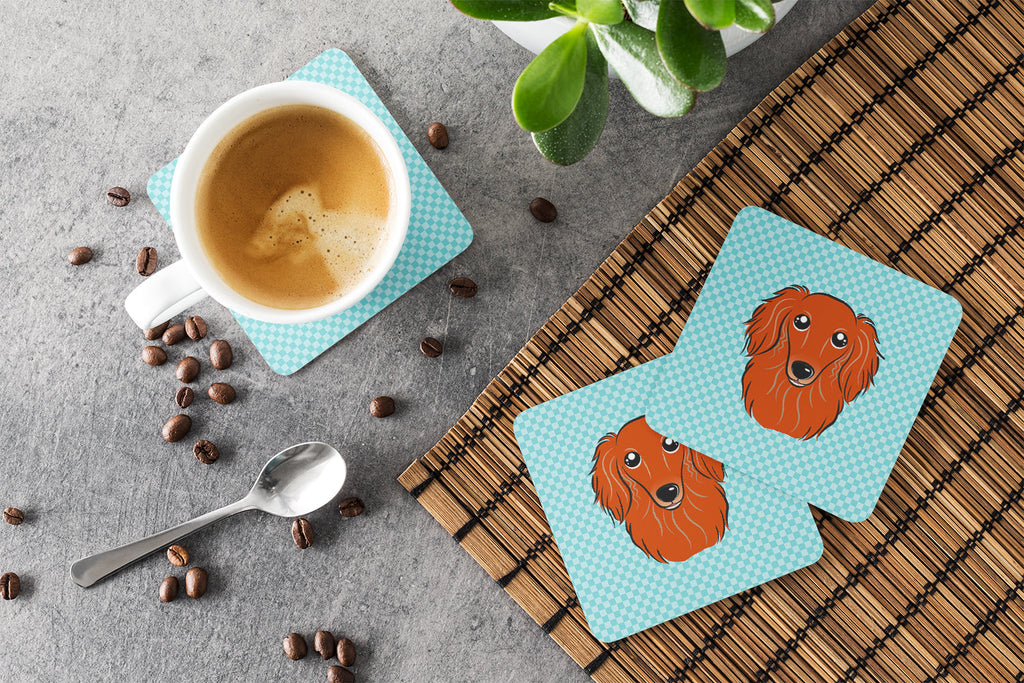 Checkerboard Blue Longhair Red Dachshund Foam Coasters Set of 4 Cup Coasters for Indoor Outdoor, Tabletop Protection, Anti Slip, Mouse pad Material