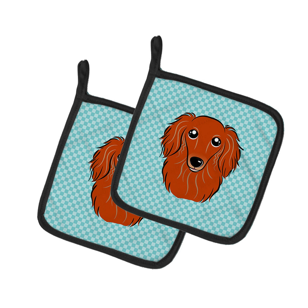 Checkerboard Blue Longhair Red Dachshund Pot Holder Set of 2 Heat Resistant Quilted Hot Pads 7.5 x 7.5 Inch, Insulated Kitchen Trivets for Cooking & Baking