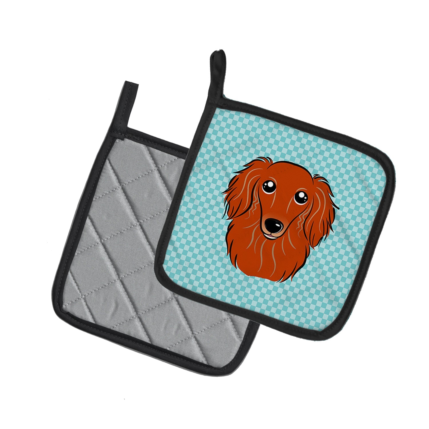 Checkerboard Blue Longhair Red Dachshund Pot Holder Set of 2 Heat Resistant Quilted Hot Pads 7.5 x 7.5 Inch, Insulated Kitchen Trivets for Cooking & Baking
