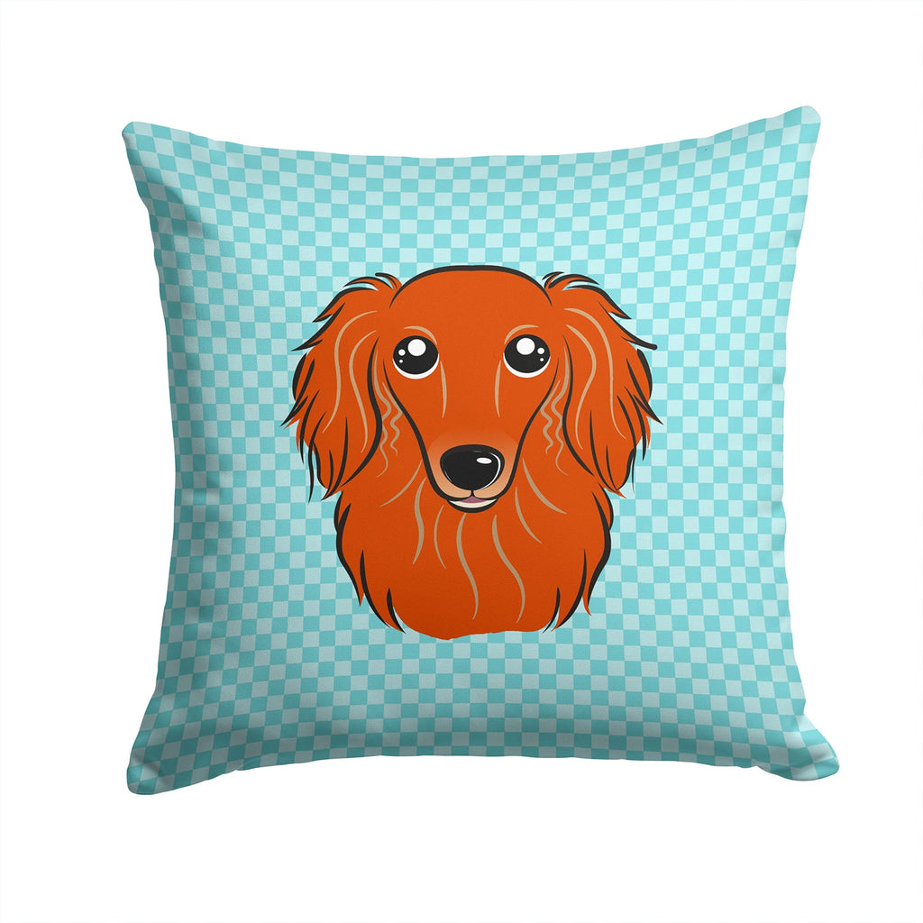 Checkerboard Blue Longhair Red Dachshund Decorative Throw Pillow 14x14 Indoor Outdoor Accent Cushion, Fabric Cover with Insert for Sofa, Bed, Porch & Living Room