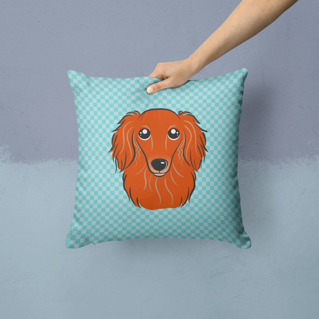 Checkerboard Blue Longhair Red Dachshund Decorative Throw Pillow 14x14 Indoor Outdoor Accent Cushion, Fabric Cover with Insert for Sofa, Bed, Porch & Living Room