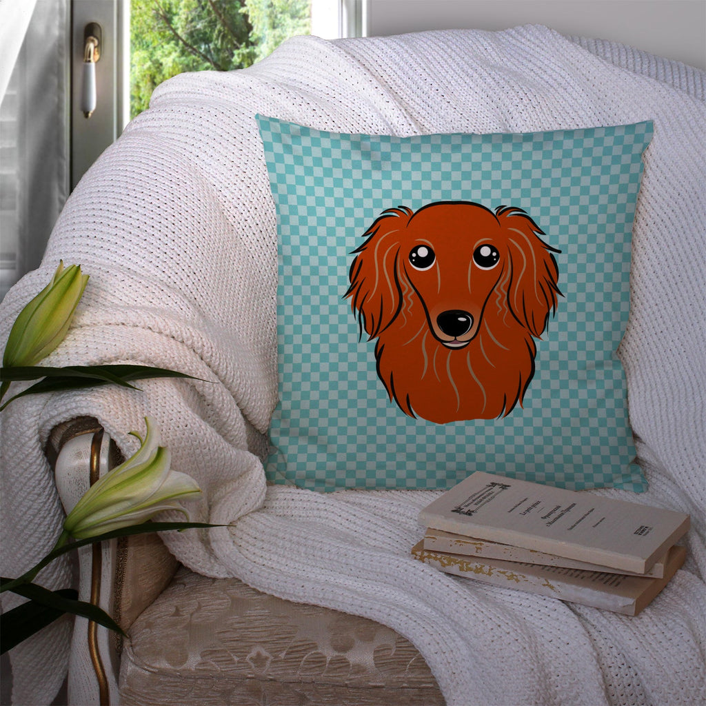 Checkerboard Blue Longhair Red Dachshund Decorative Throw Pillow 14x14 Indoor Outdoor Accent Cushion, Fabric Cover with Insert for Sofa, Bed, Porch & Living Room