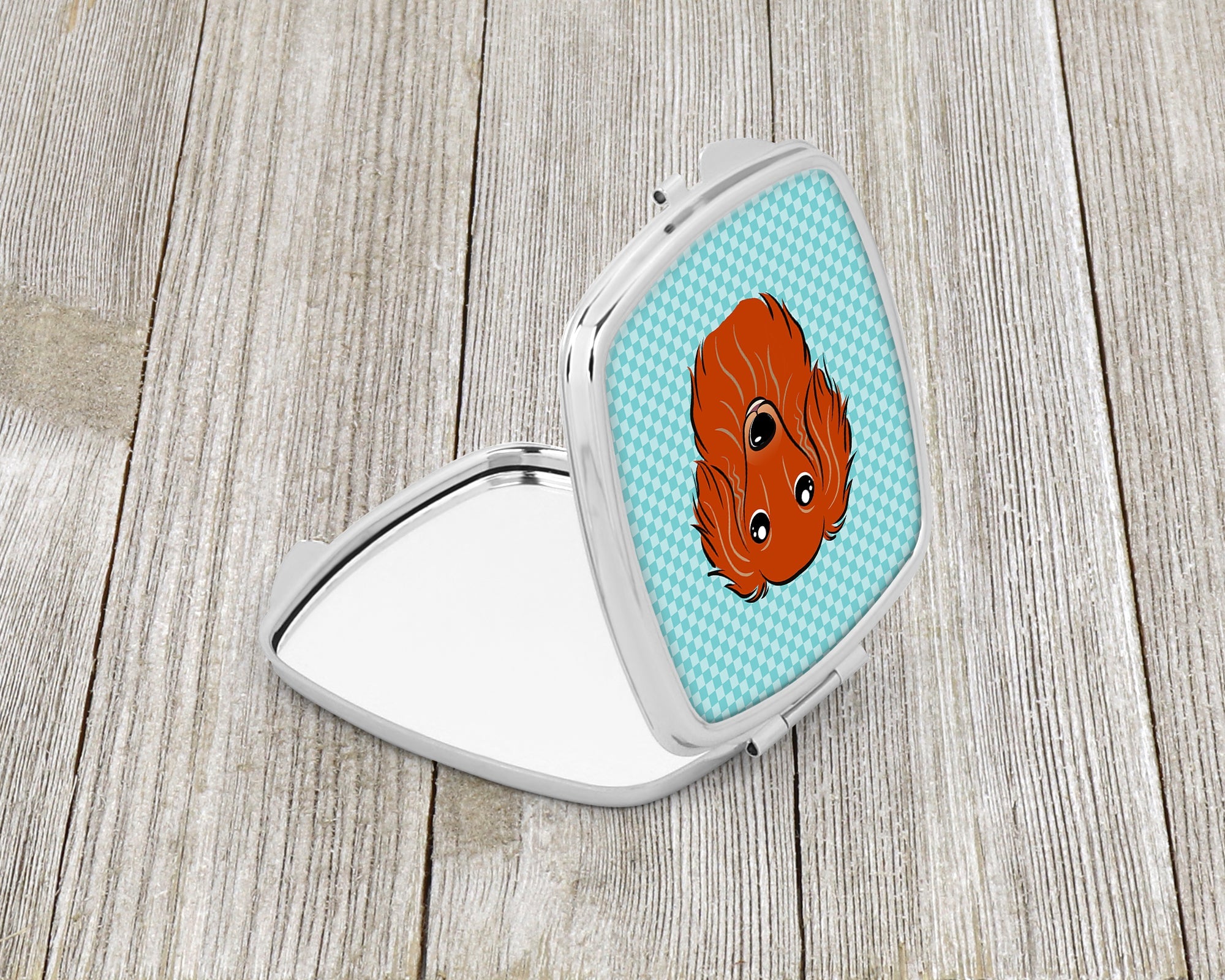 Checkerboard Blue Longhair Red Dachshund Compact Mirror Decorative Travel Makeup Mirror for Women Girls Gifts Pocket Makeup Mirror Folding Handheld