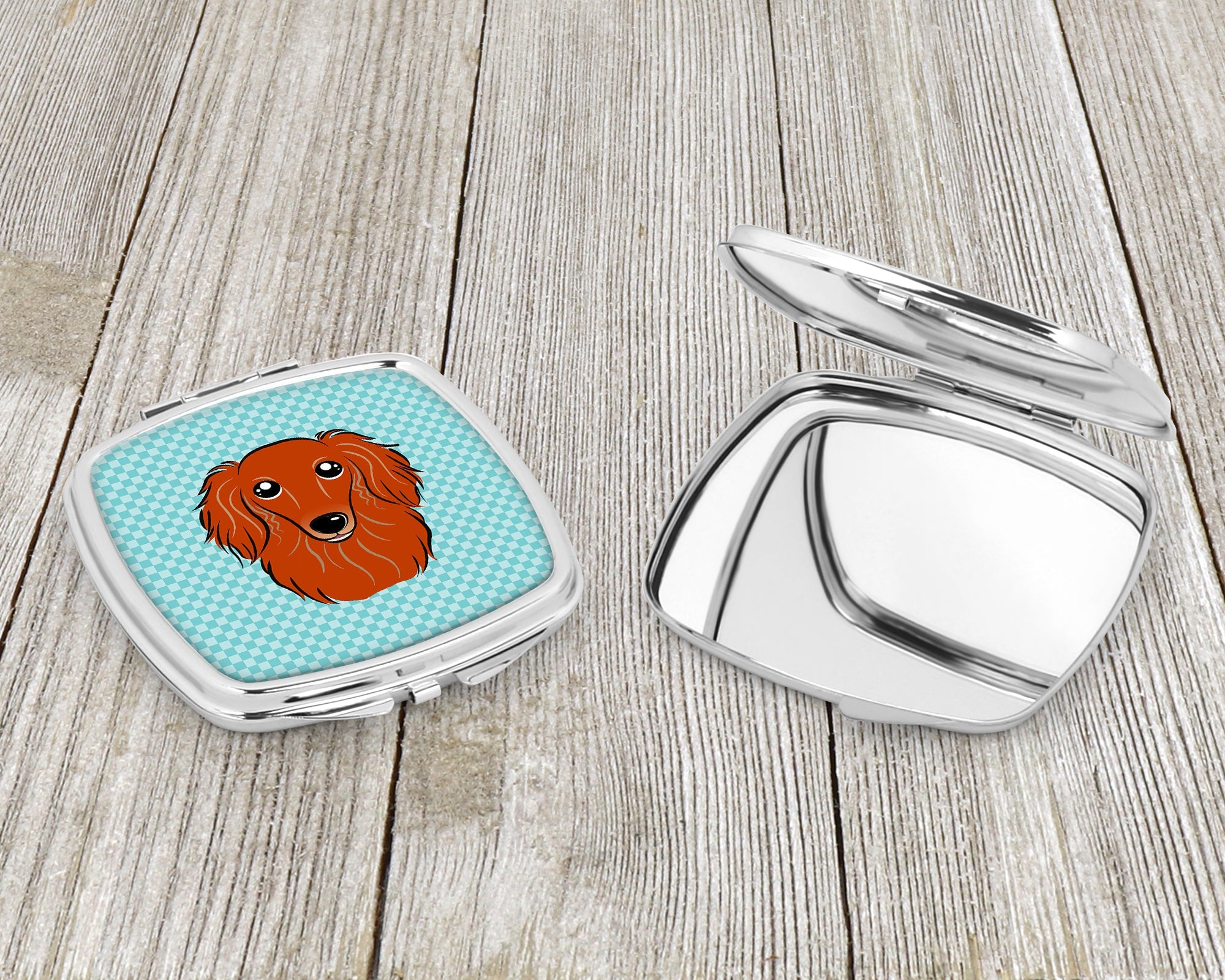 Checkerboard Blue Longhair Red Dachshund Compact Mirror Decorative Travel Makeup Mirror for Women Girls Gifts Pocket Makeup Mirror Folding Handheld