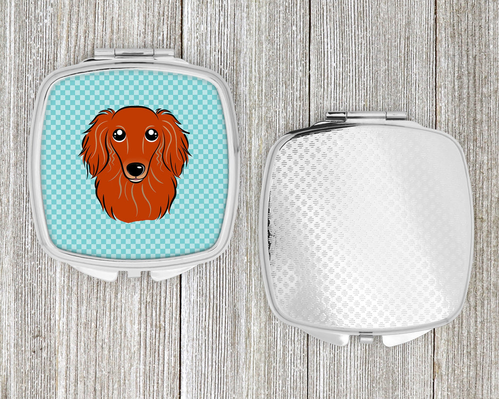 Checkerboard Blue Longhair Red Dachshund Compact Mirror Decorative Travel Makeup Mirror for Women Girls Gifts Pocket Makeup Mirror Folding Handheld