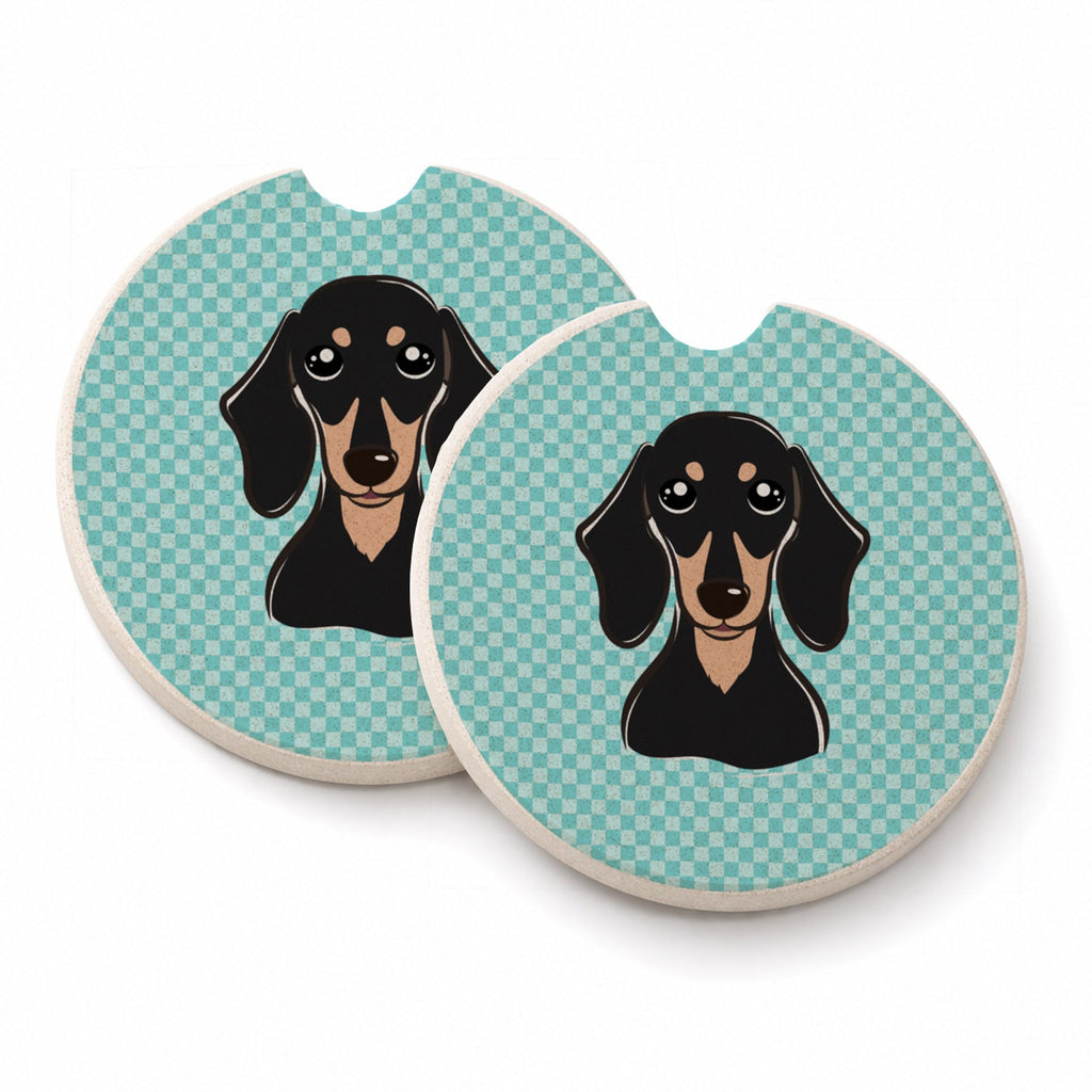 Checkerboard Blue Smooth Black and Tan Dachshund Set of 2 Cup Holder Car Coasters Absorbent Round Sandstone Coasters Gifts for Men or Women, 2.5, Multicolor
