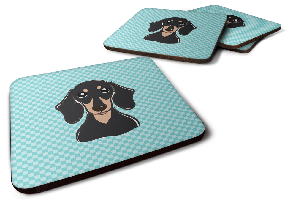 Checkerboard Blue Smooth Black and Tan Dachshund Foam Coasters Set of 4 Cup Coasters for Indoor Outdoor, Tabletop Protection, Anti Slip, Mouse pad Material