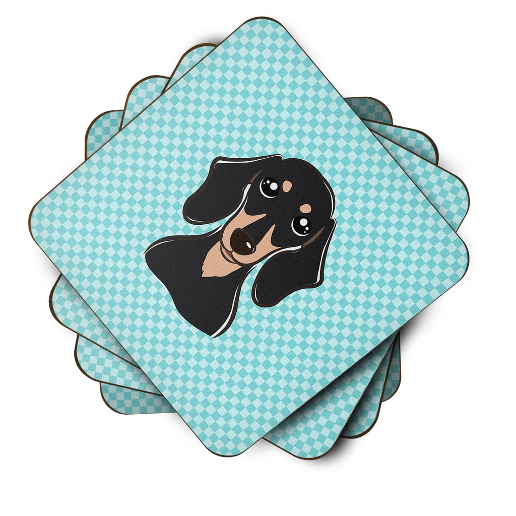 Checkerboard Blue Smooth Black and Tan Dachshund Foam Coasters Set of 4 Cup Coasters for Indoor Outdoor, Tabletop Protection, Anti Slip, Mouse pad Material