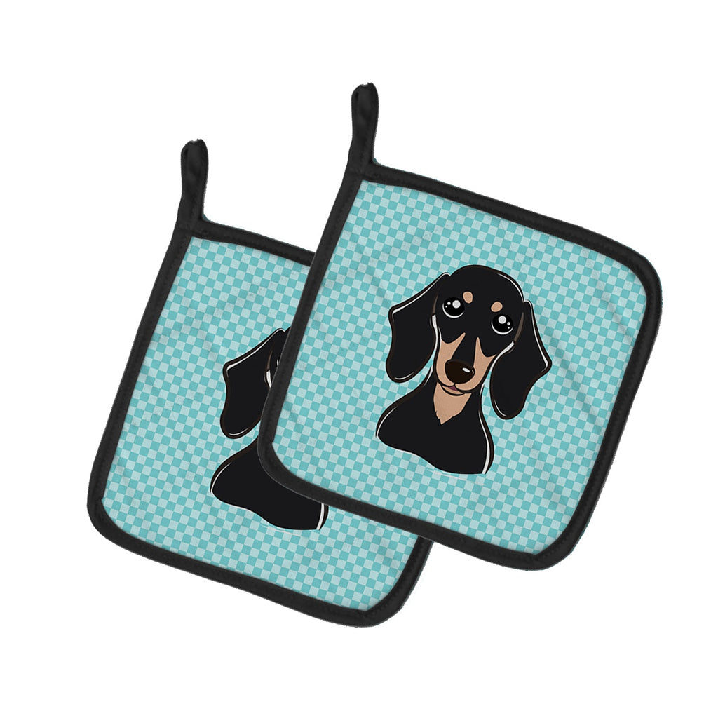 Checkerboard Blue Smooth Black and Tan Dachshund Pot Holder Set of 2 Heat Resistant Quilted Hot Pads 7.5 x 7.5 Inch, Insulated Kitchen Trivets for Cooking & Baking