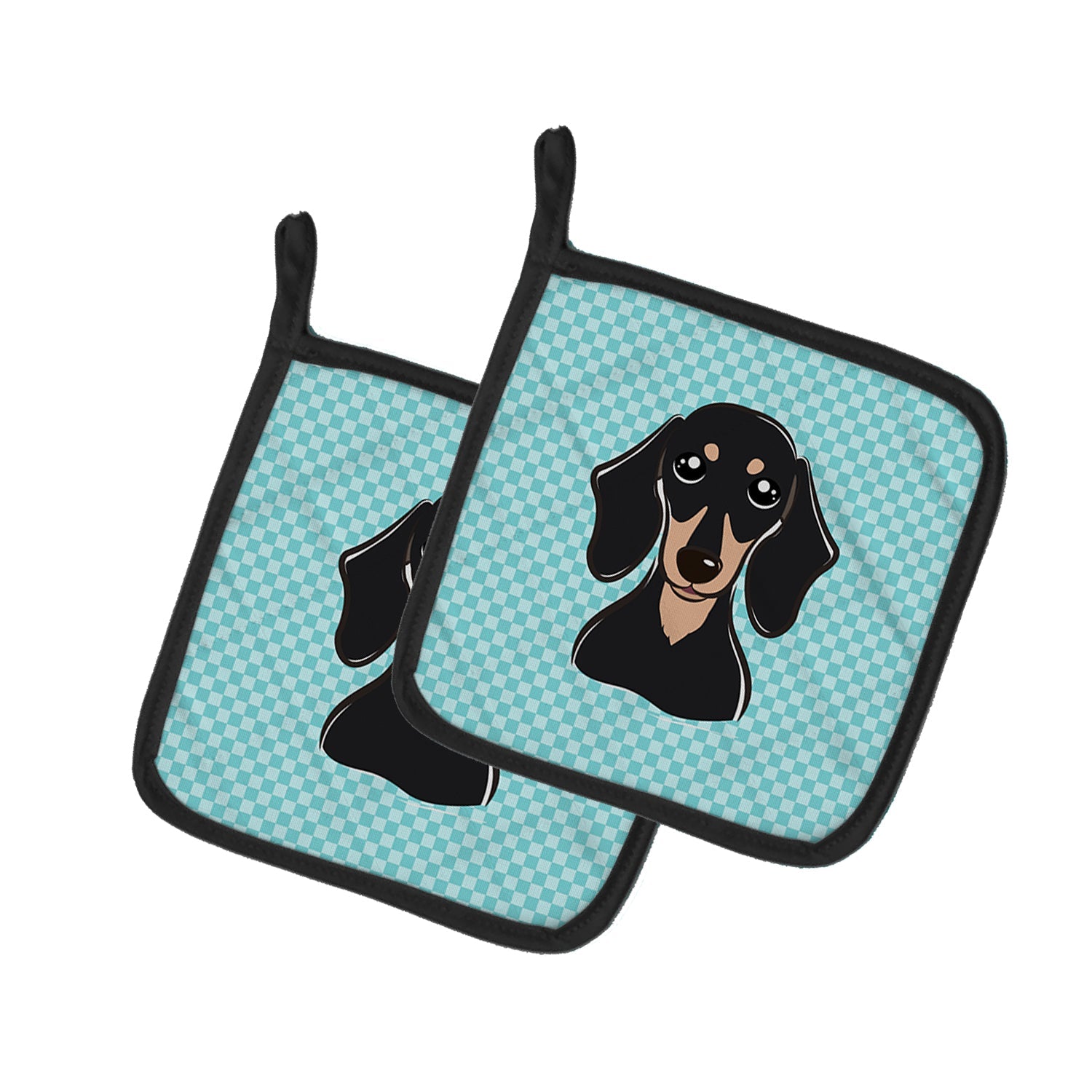 Checkerboard Blue Smooth Black and Tan Dachshund Pot Holder Set of 2 Heat Resistant Quilted Hot Pads 7.5 x 7.5 Inch, Insulated Kitchen Trivets for Cooking & Baking