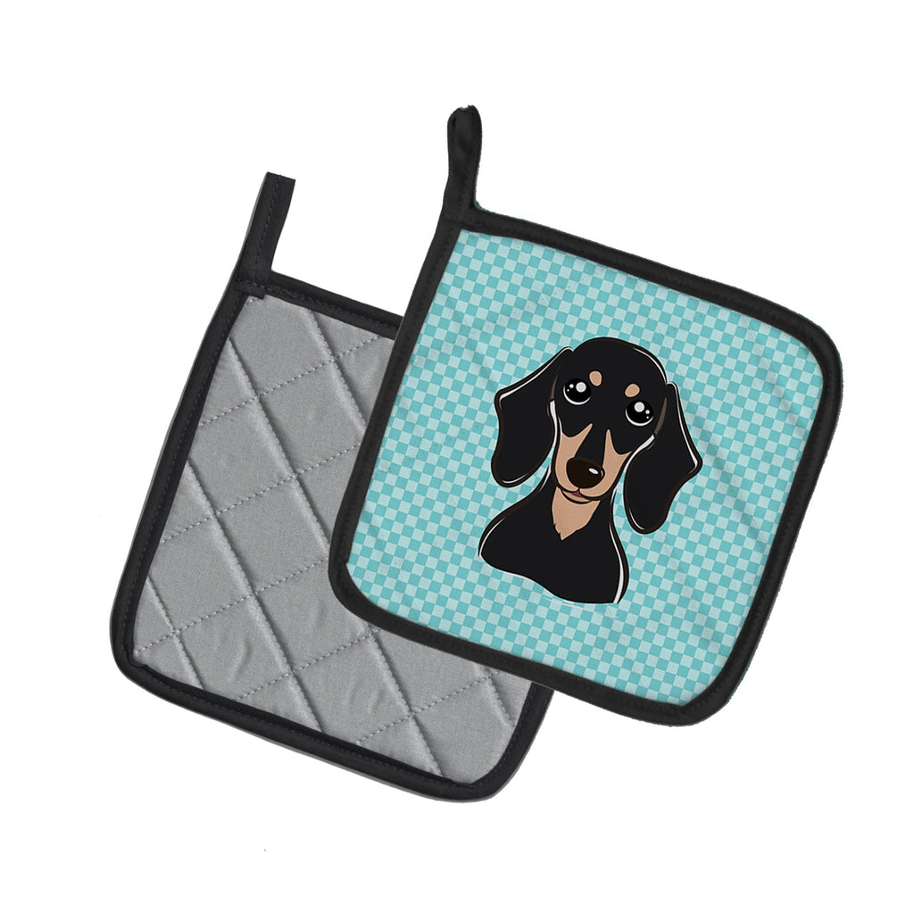 Checkerboard Blue Smooth Black and Tan Dachshund Pot Holder Set of 2 Heat Resistant Quilted Hot Pads 7.5 x 7.5 Inch, Insulated Kitchen Trivets for Cooking & Baking