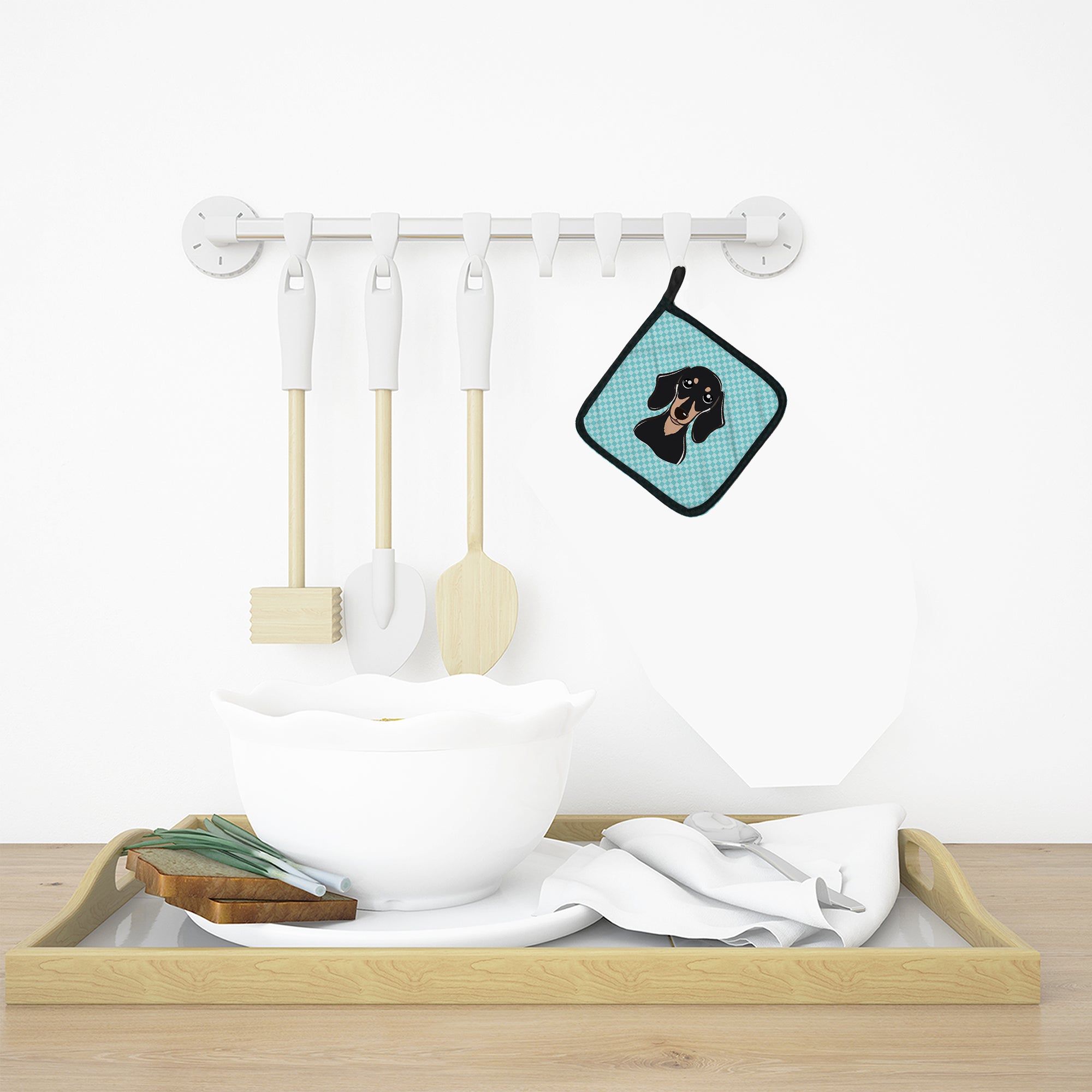 Checkerboard Blue Smooth Black and Tan Dachshund Pot Holder Set of 2 Heat Resistant Quilted Hot Pads 7.5 x 7.5 Inch, Insulated Kitchen Trivets for Cooking & Baking