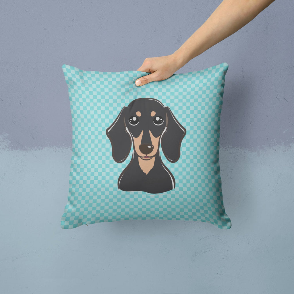 Checkerboard Blue Smooth Black and Tan Dachshund Decorative Throw Pillow 14x14 Indoor Outdoor Accent Cushion, Fabric Cover with Insert for Sofa, Bed, Porch & Living Room