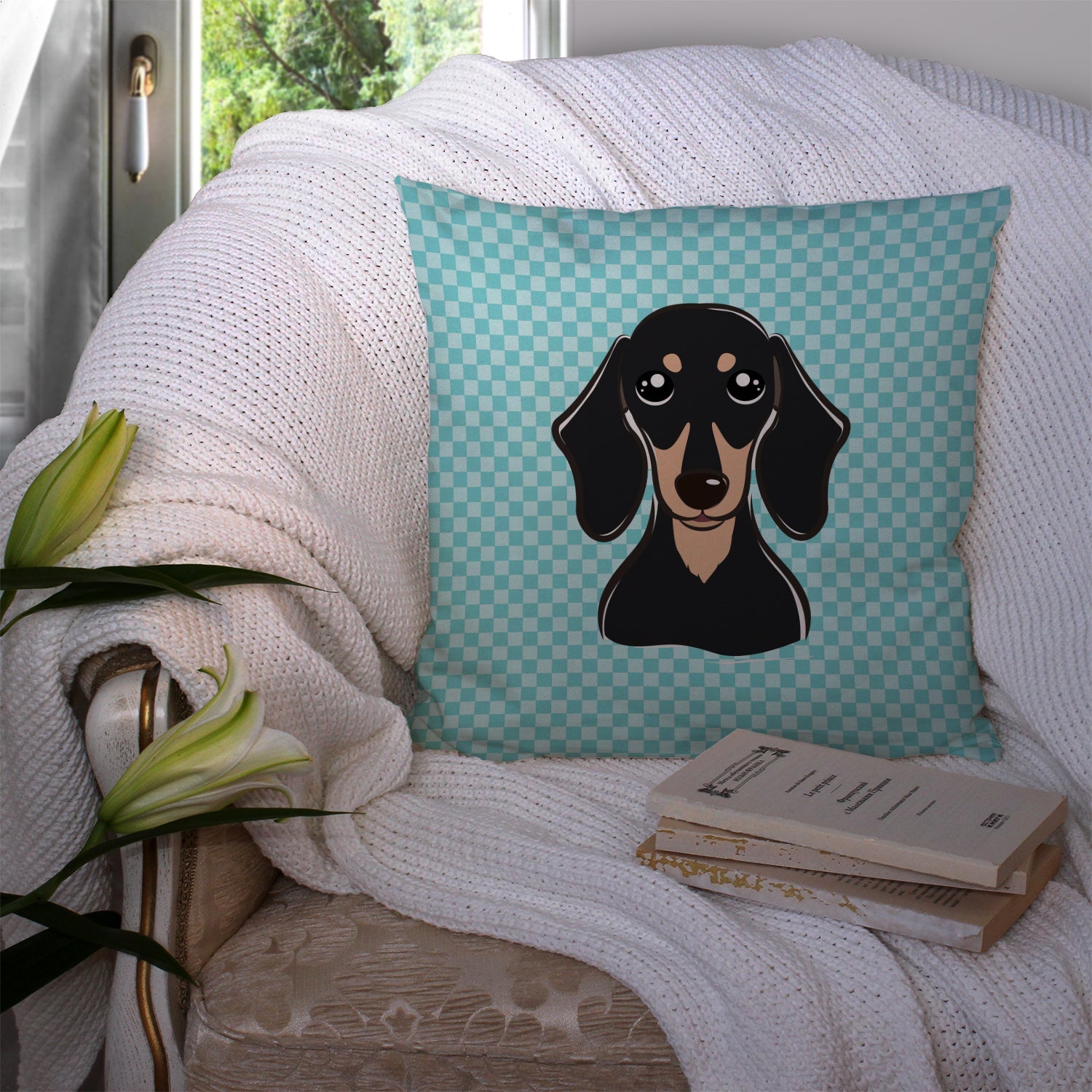 Checkerboard Blue Smooth Black and Tan Dachshund Decorative Throw Pillow 14x14 Indoor Outdoor Accent Cushion, Fabric Cover with Insert for Sofa, Bed, Porch & Living Room