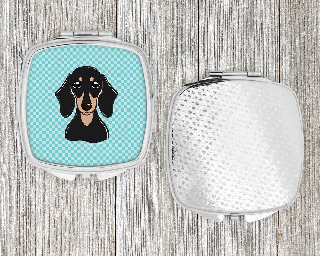 Checkerboard Blue Smooth Black and Tan Dachshund Compact Mirror Decorative Travel Makeup Mirror for Women Girls Gifts Pocket Makeup Mirror Folding Handheld