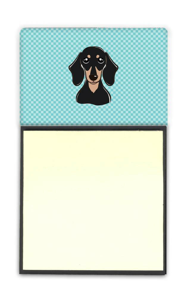 Checkerboard Blue Smooth Black and Tan Dachshund Watercolor Sticky Note Holder Refillable Dispenser Desk Accessory 3x3 Pad Gift