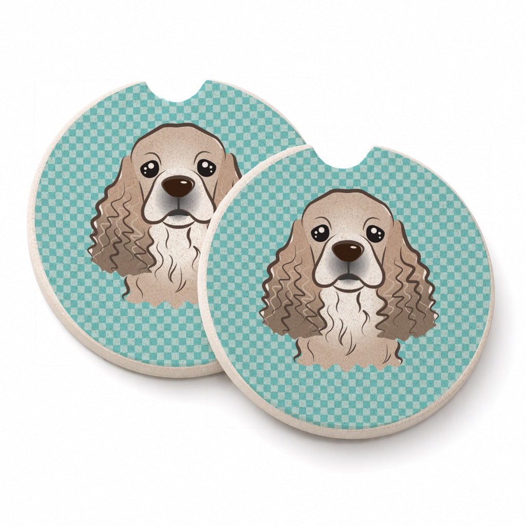 Checkerboard Blue Cocker Spaniel Set of 2 Cup Holder Car Coasters Absorbent Round Sandstone Coasters Gifts for Men or Women, 2.5, Multicolor