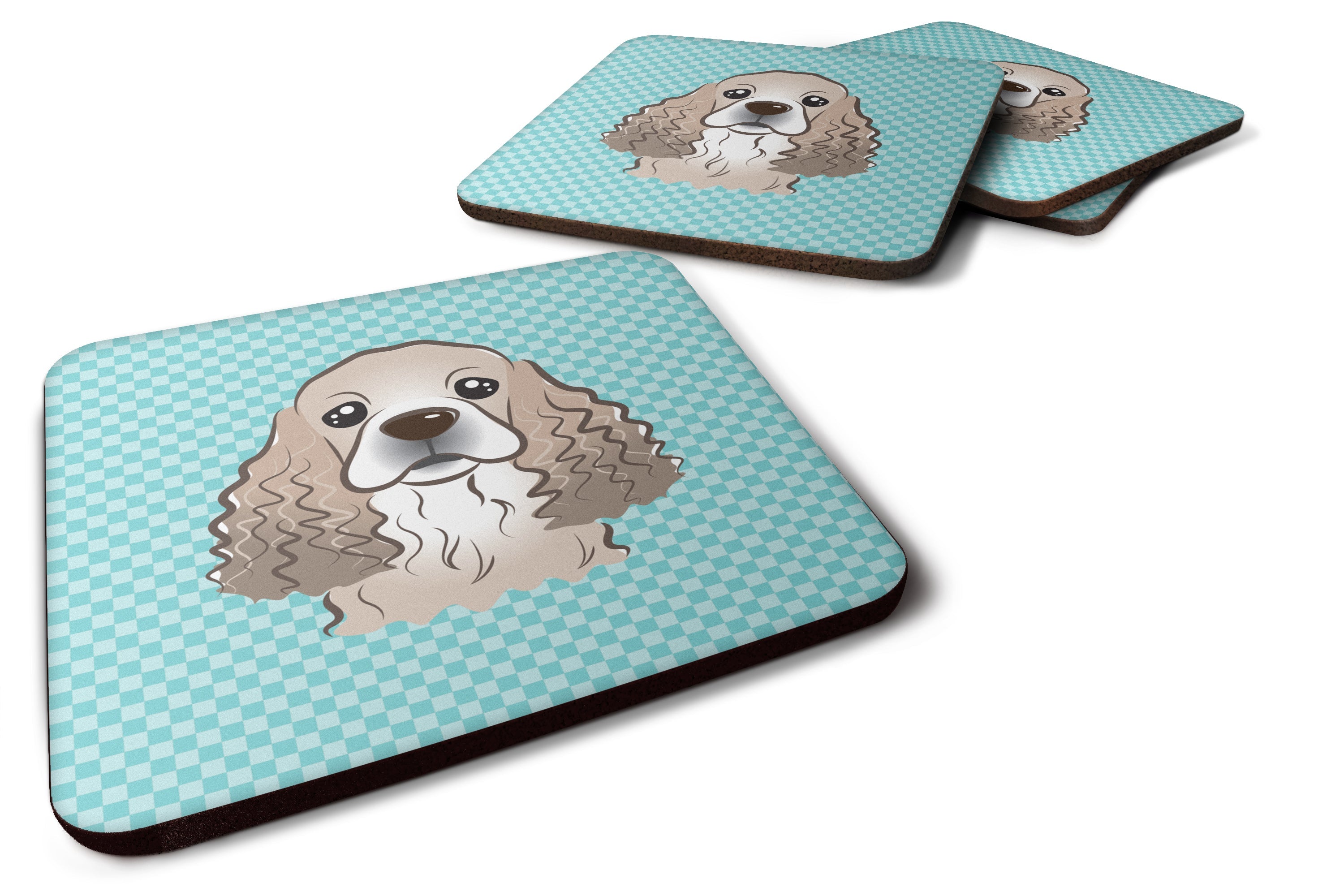 Checkerboard Blue Cocker Spaniel Foam Coasters Set of 4 Cup Coasters for Indoor Outdoor, Tabletop Protection, Anti Slip, Mouse pad Material