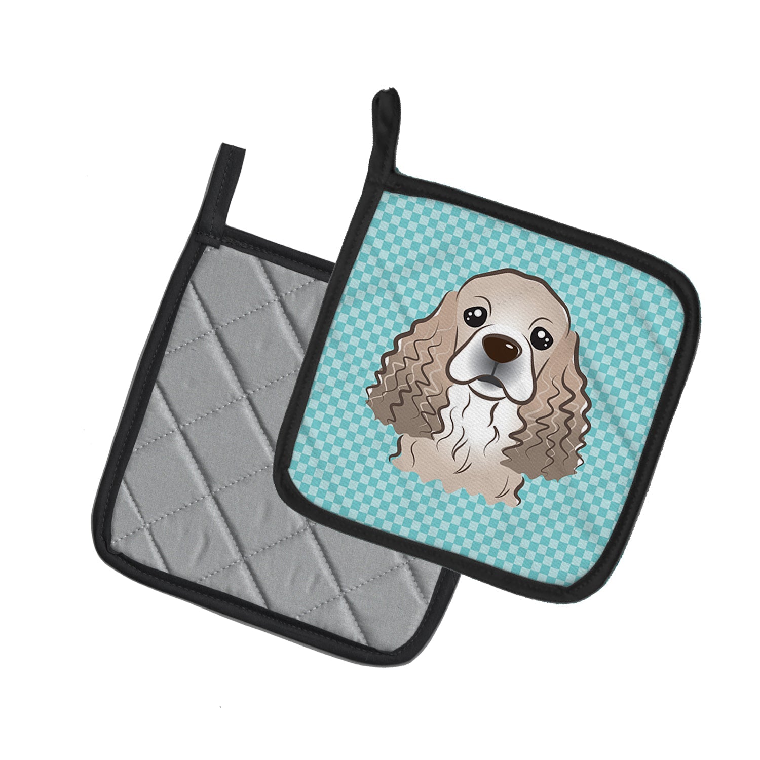 Checkerboard Blue Cocker Spaniel Pot Holder Set of 2 Heat Resistant Quilted Hot Pads 7.5 x 7.5 Inch, Insulated Kitchen Trivets for Cooking & Baking