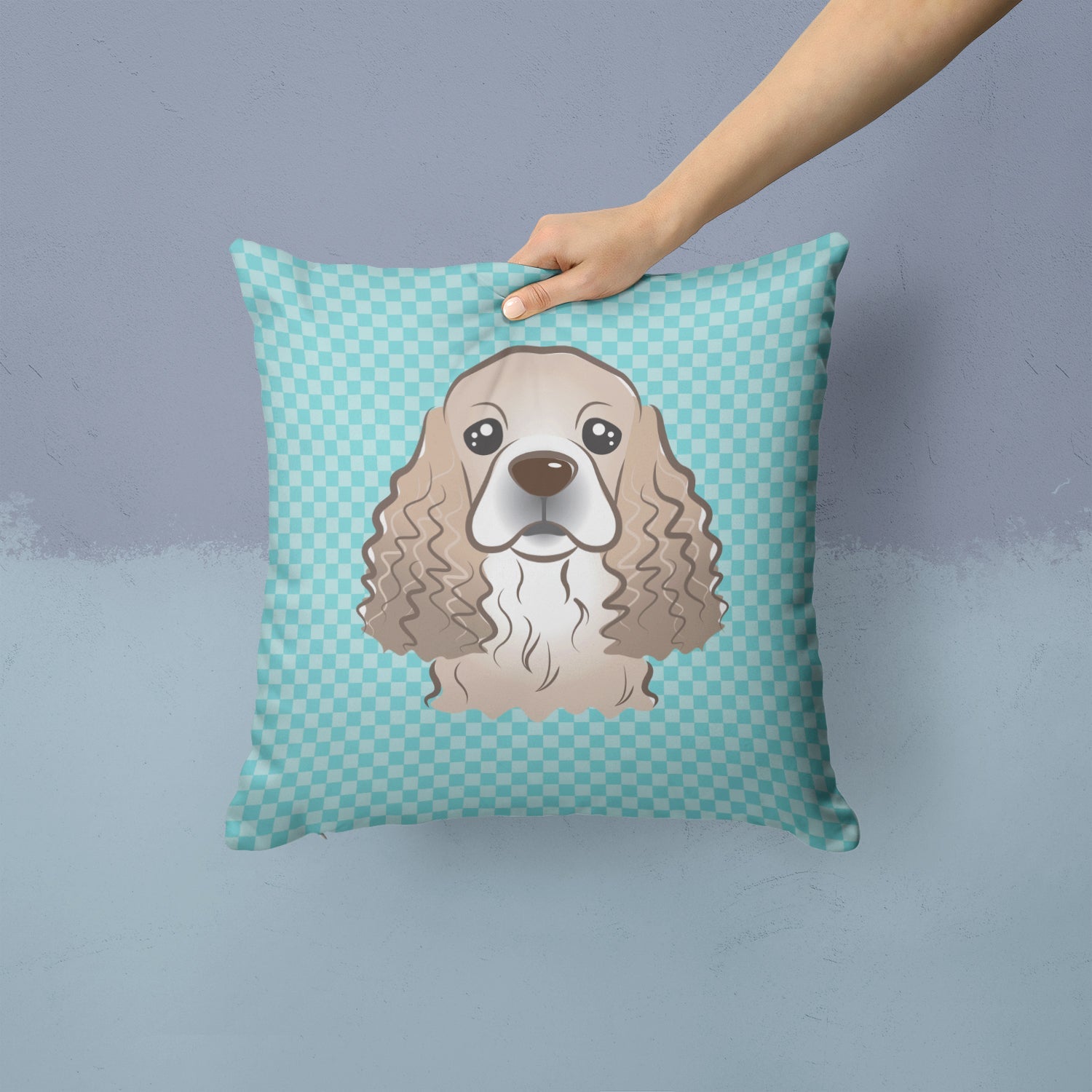 Checkerboard Blue Cocker Spaniel Decorative Throw Pillow 14x14 Indoor Outdoor Accent Cushion, Fabric Cover with Insert for Sofa, Bed, Porch & Living Room