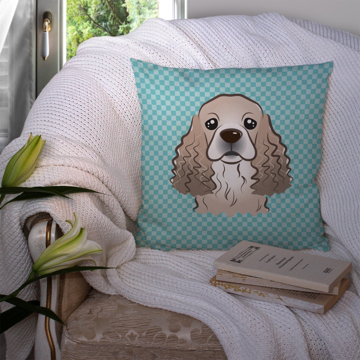 Checkerboard Blue Cocker Spaniel Decorative Throw Pillow 14x14 Indoor Outdoor Accent Cushion, Fabric Cover with Insert for Sofa, Bed, Porch & Living Room