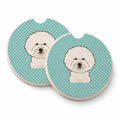 Checkerboard Blue Bichon Frise Set of 2 Cup Holder Car Coasters Absorbent Round Sandstone Coasters Gifts for Men or Women, 2.5, Multicolor