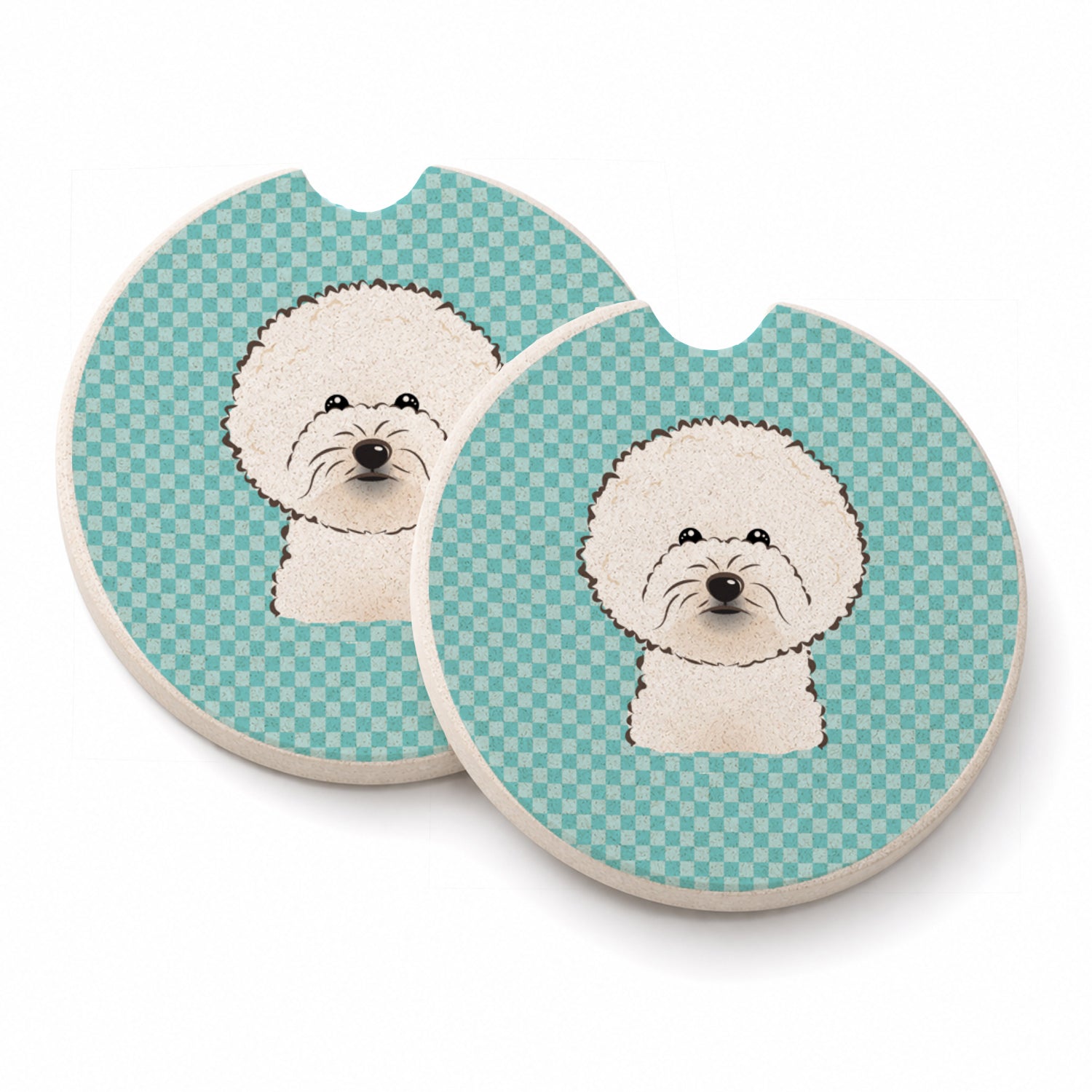 Checkerboard Blue Bichon Frise Set of 2 Cup Holder Car Coasters Absorbent Round Sandstone Coasters Gifts for Men or Women, 2.5, Multicolor