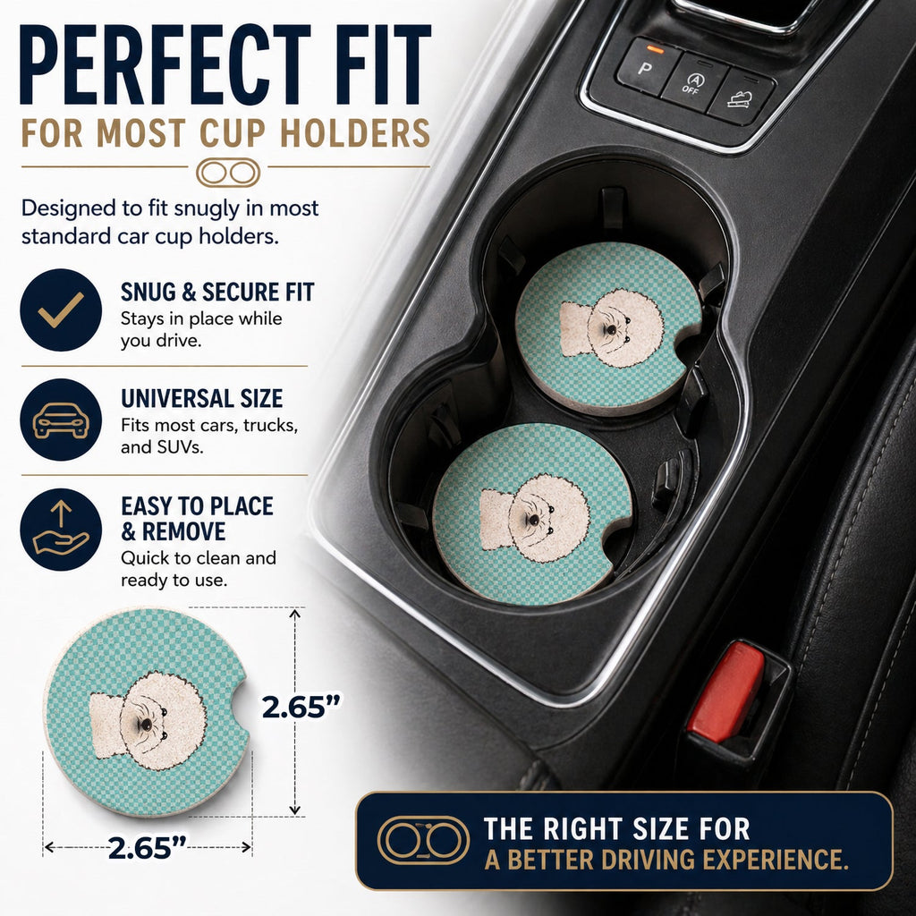 Checkerboard Blue Bichon Frise Set of 2 Cup Holder Car Coasters Absorbent Round Sandstone Coasters Gifts for Men or Women, 2.5, Multicolor