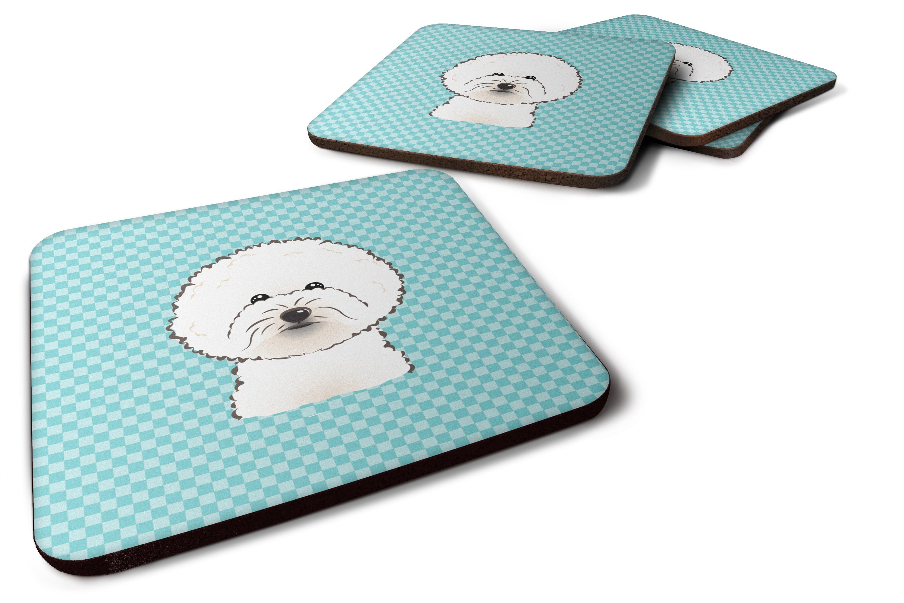Checkerboard Blue Bichon Frise Foam Coasters Set of 4 Cup Coasters for Indoor Outdoor, Tabletop Protection, Anti Slip, Mouse pad Material