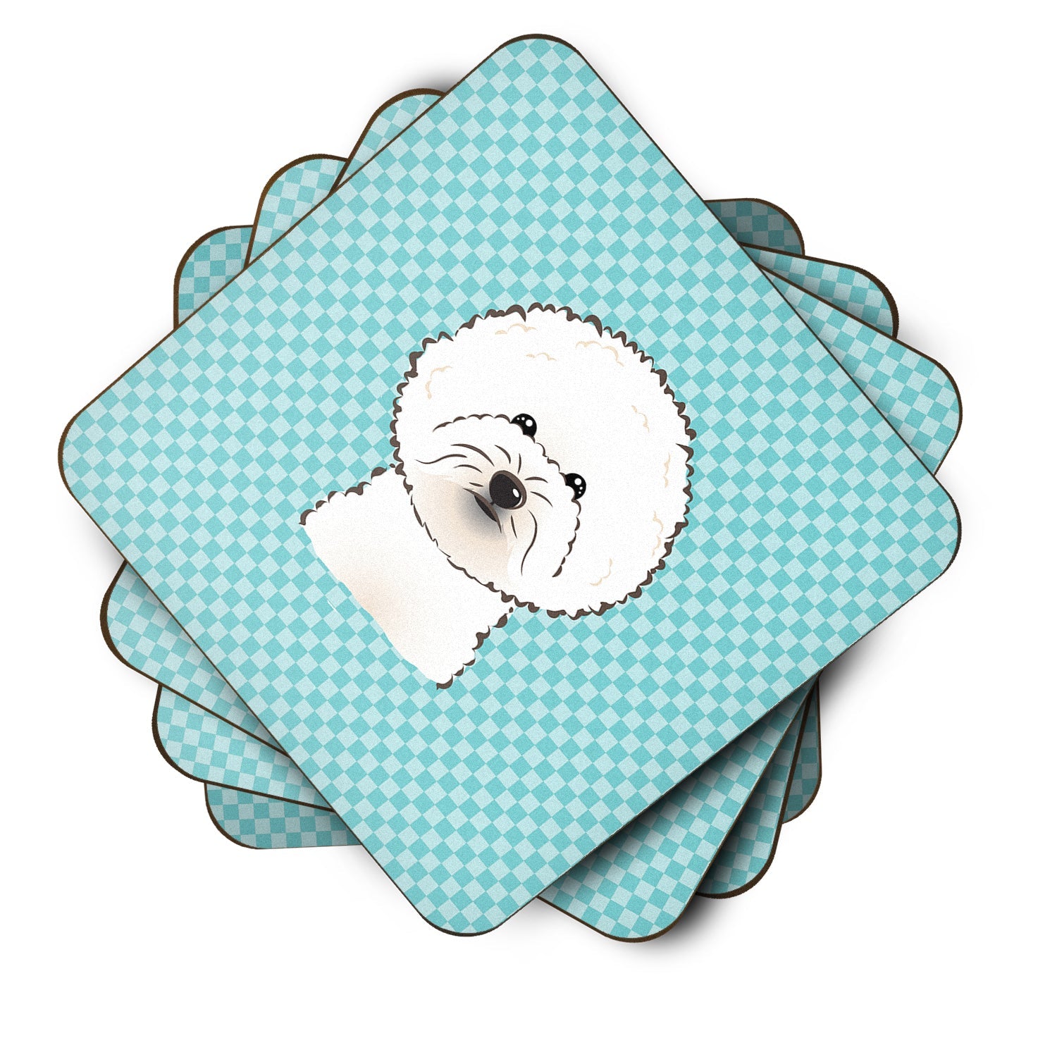 Checkerboard Blue Bichon Frise Foam Coasters Set of 4 Cup Coasters for Indoor Outdoor, Tabletop Protection, Anti Slip, Mouse pad Material