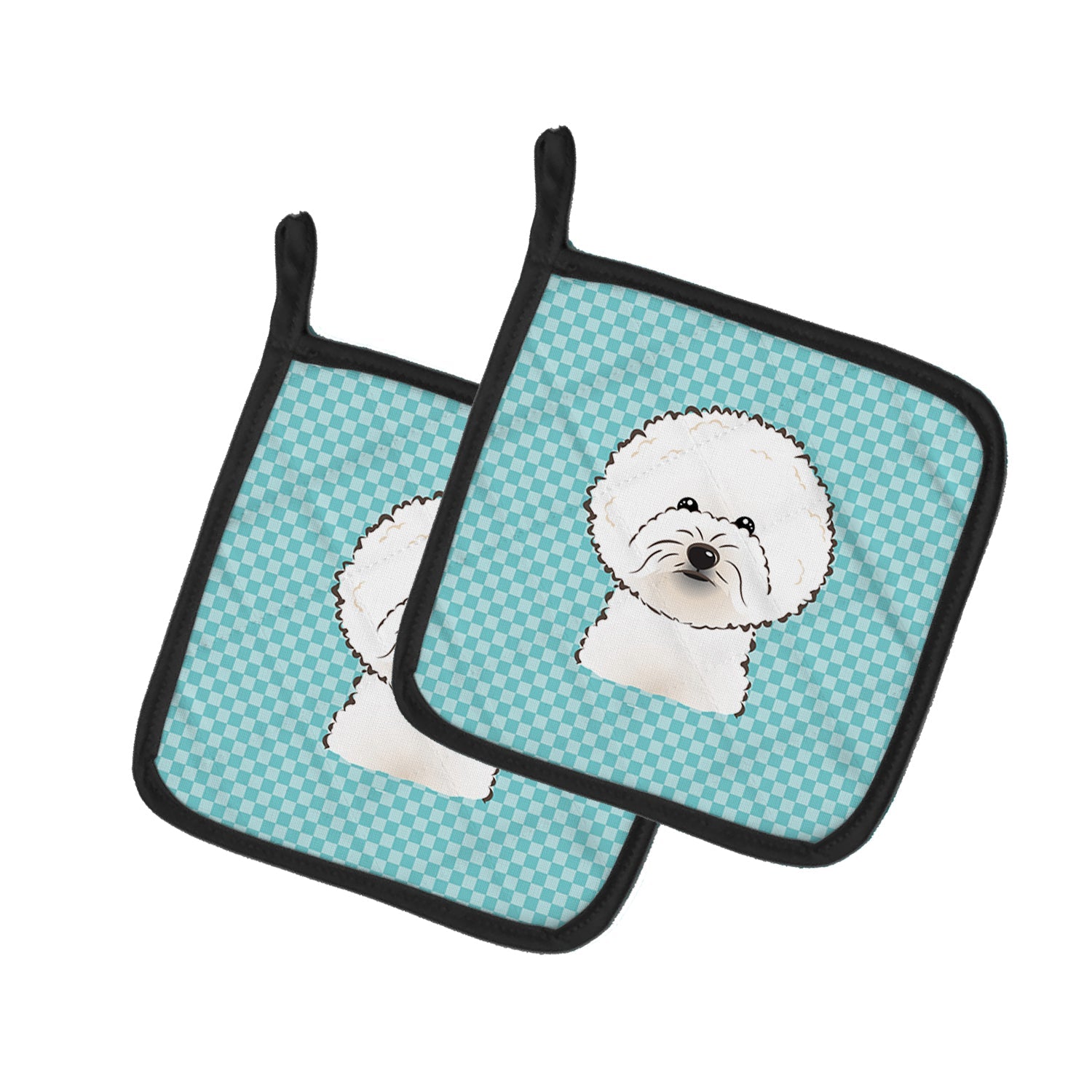 Checkerboard Blue Bichon Frise Pot Holder Set of 2 Heat Resistant Quilted Hot Pads 7.5 x 7.5 Inch, Insulated Kitchen Trivets for Cooking & Baking