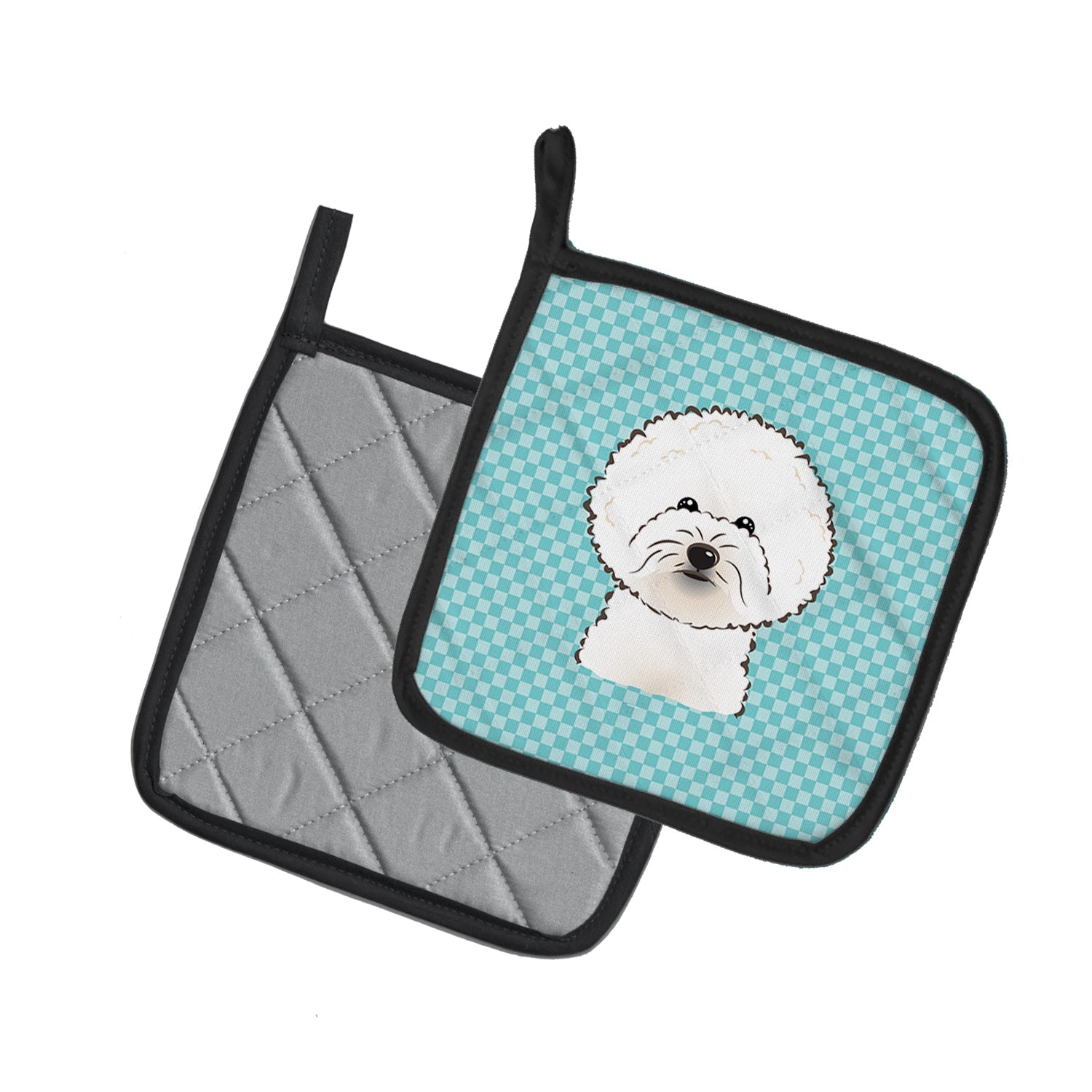 Checkerboard Blue Bichon Frise Pot Holder Set of 2 Heat Resistant Quilted Hot Pads 7.5 x 7.5 Inch, Insulated Kitchen Trivets for Cooking & Baking