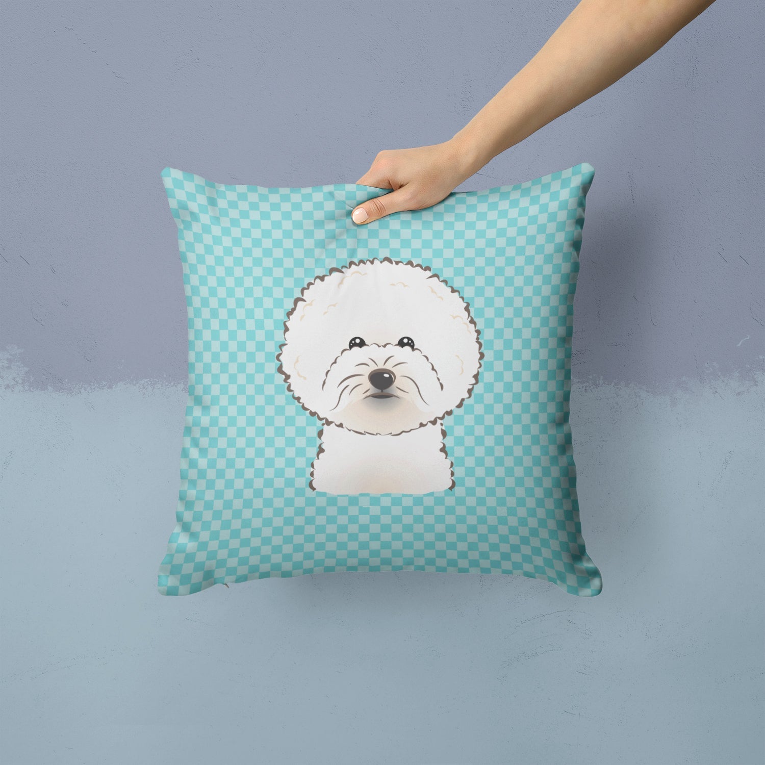 Checkerboard Blue Bichon Frise Decorative Throw Pillow 14x14 Indoor Outdoor Accent Cushion, Fabric Cover with Insert for Sofa, Bed, Porch & Living Room