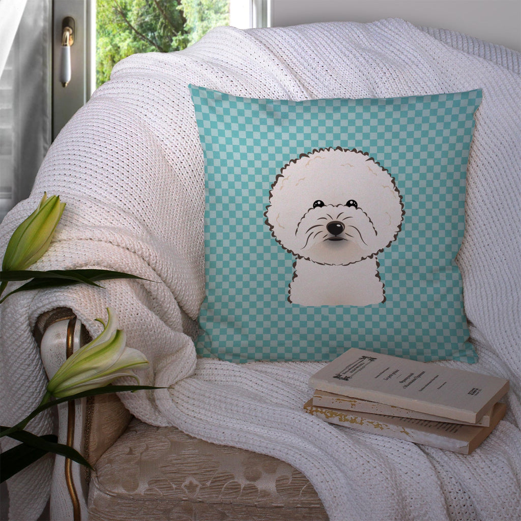 Checkerboard Blue Bichon Frise Decorative Throw Pillow 14x14 Indoor Outdoor Accent Cushion, Fabric Cover with Insert for Sofa, Bed, Porch & Living Room