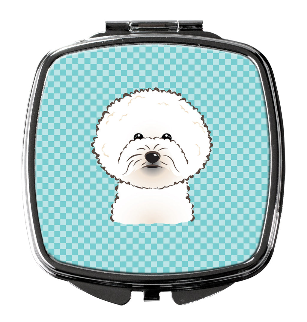 Checkerboard Blue Bichon Frise Compact Mirror Decorative Travel Makeup Mirror for Women Girls Gifts Pocket Makeup Mirror Folding Handheld