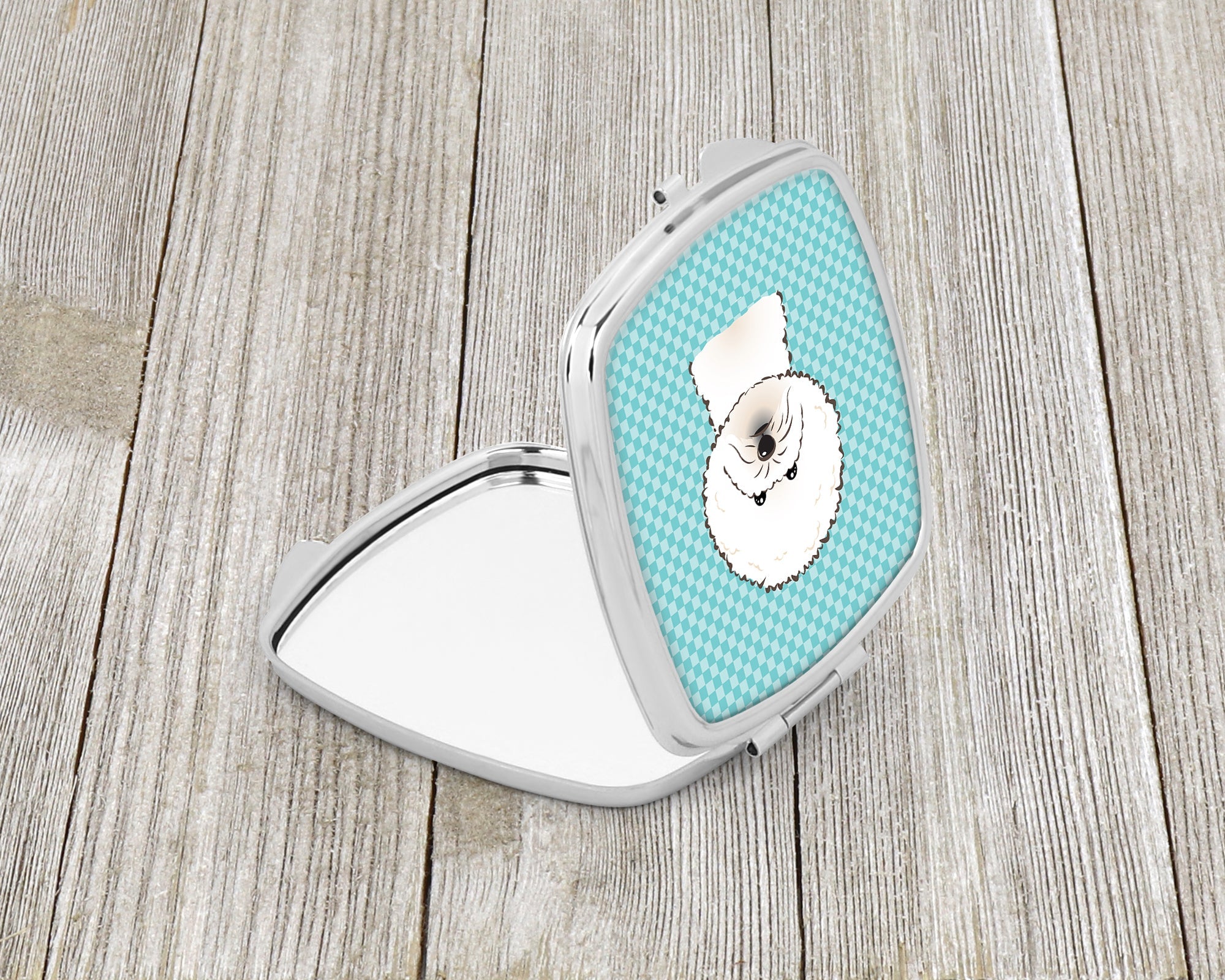 Checkerboard Blue Bichon Frise Compact Mirror Decorative Travel Makeup Mirror for Women Girls Gifts Pocket Makeup Mirror Folding Handheld