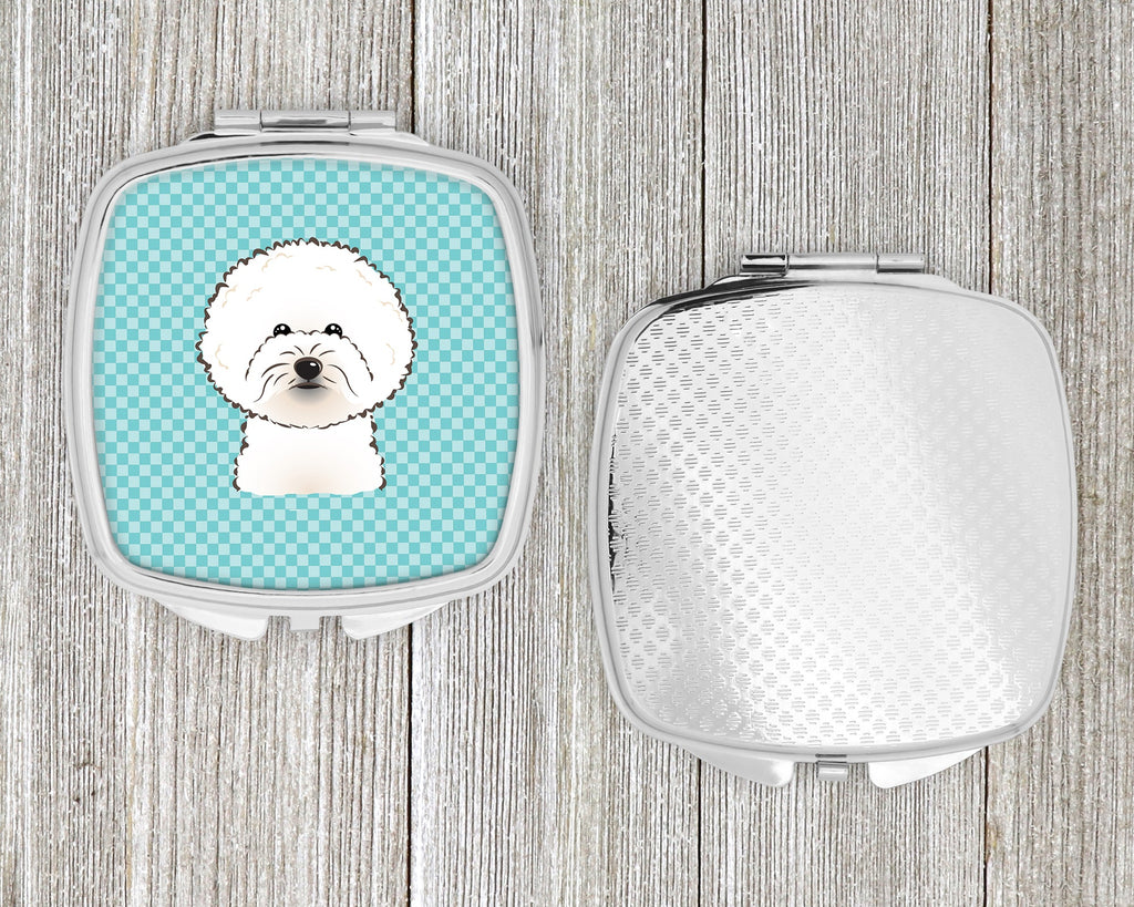 Checkerboard Blue Bichon Frise Compact Mirror Decorative Travel Makeup Mirror for Women Girls Gifts Pocket Makeup Mirror Folding Handheld