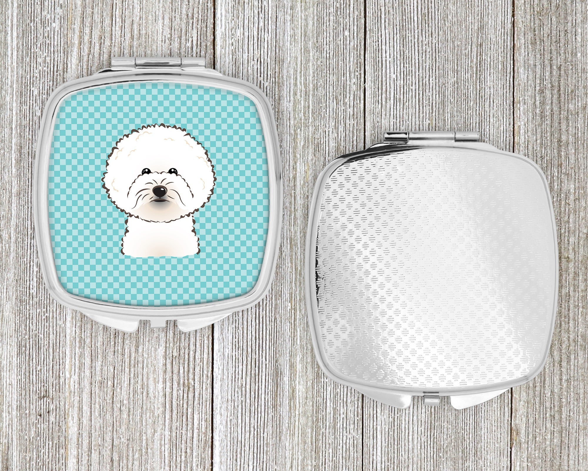 Checkerboard Blue Bichon Frise Compact Mirror Decorative Travel Makeup Mirror for Women Girls Gifts Pocket Makeup Mirror Folding Handheld