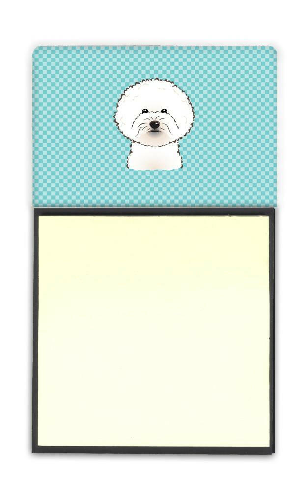 Checkerboard Blue Bichon Frise Watercolor Sticky Note Holder Refillable Dispenser Desk Accessory 3x3 Pad Gift