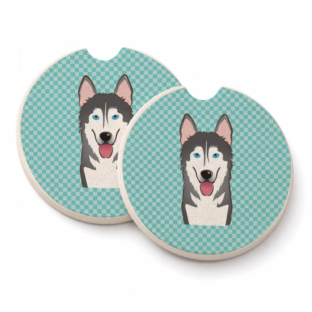 Checkerboard Blue Alaskan Malamute Set of 2 Cup Holder Car Coasters Absorbent Round Sandstone Coasters Gifts for Men or Women, 2.5, Multicolor