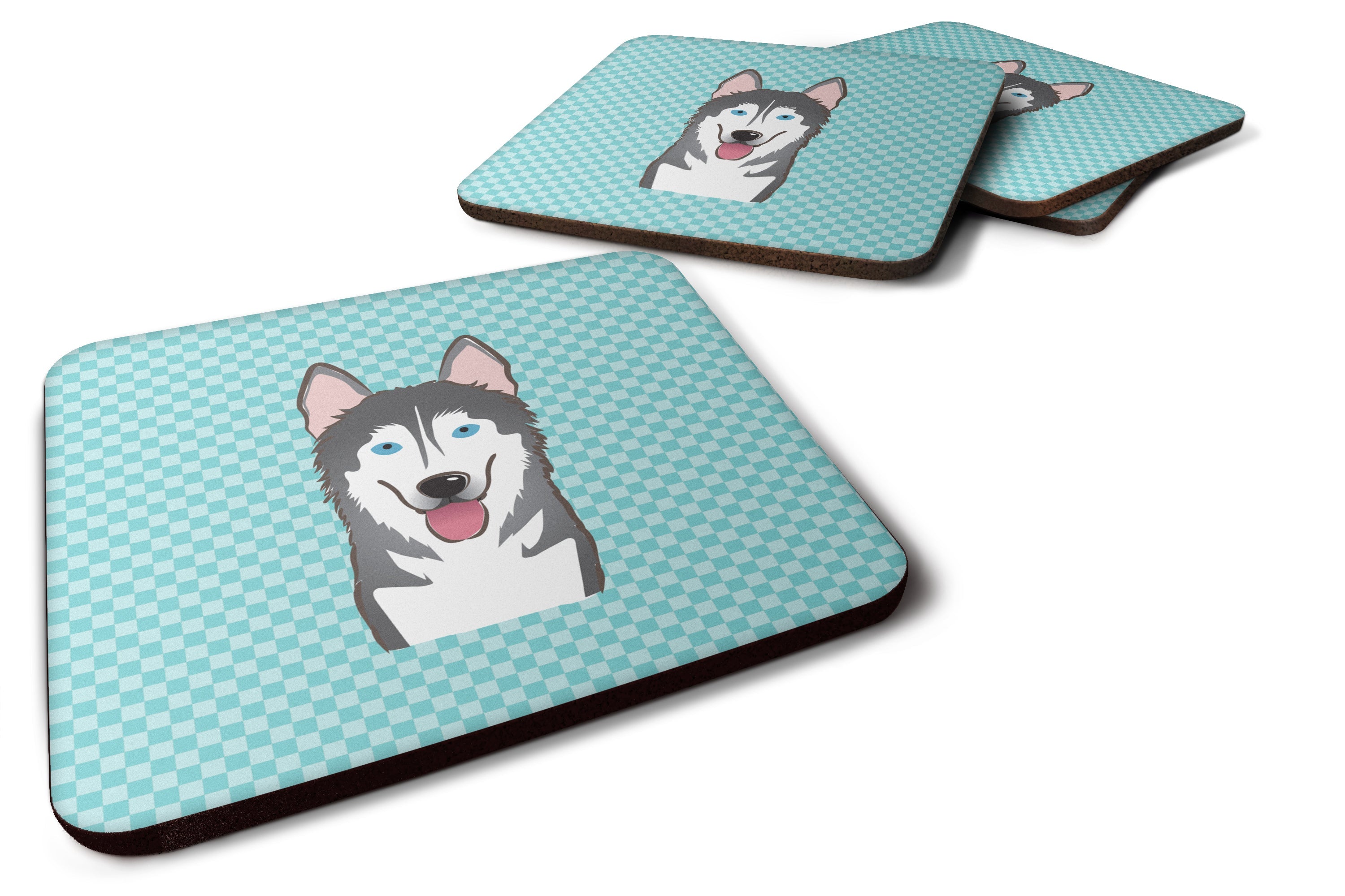 Checkerboard Blue Alaskan Malamute Foam Coasters Set of 4 Cup Coasters for Indoor Outdoor, Tabletop Protection, Anti Slip, Mouse pad Material