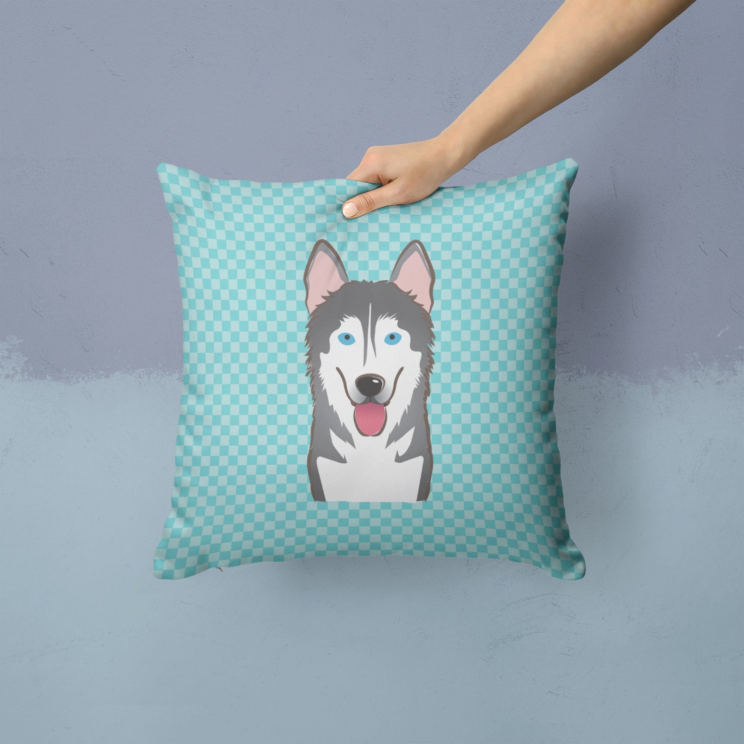 Checkerboard Blue Alaskan Malamute Decorative Throw Pillow 14x14 Indoor Outdoor Accent Cushion, Fabric Cover with Insert for Sofa, Bed, Porch & Living Room