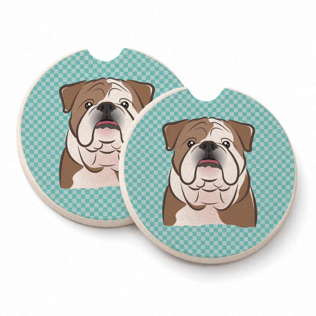 Checkerboard Blue English Bulldog  Set of 2 Cup Holder Car Coasters Absorbent Round Sandstone Coasters Gifts for Men or Women, 2.5, Multicolor